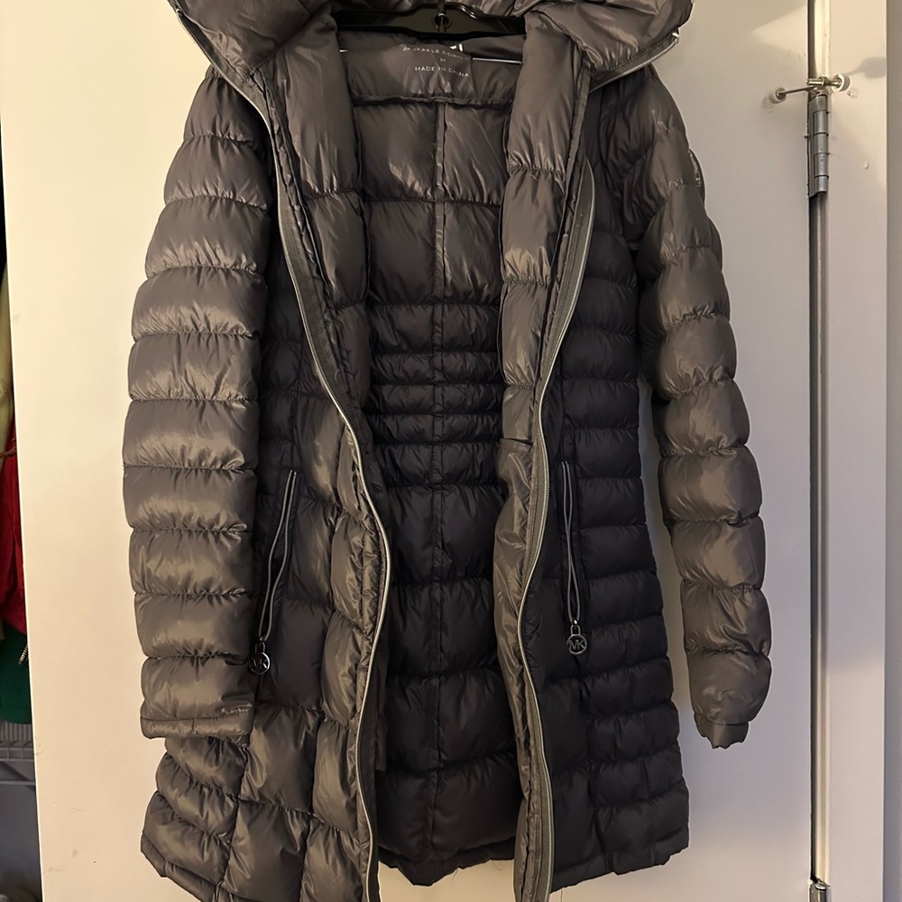 Michael Kors Gray Quilted Puffer Coat with Hood and Packable Bag